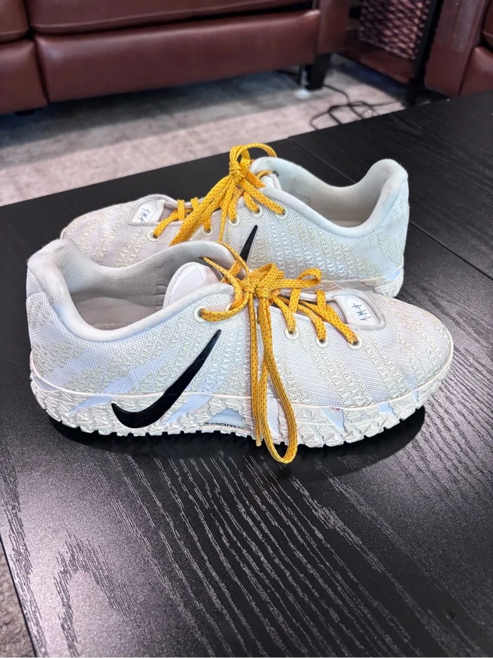 Nike Kids White Sneakers with Yellow Laces and Black Swoosh